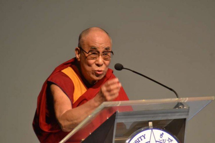 Tibetan spiritual leader Dalai Lama delivers his lecture on `Bounds of Ethics in a Globalized World` at Christ University in Bangalore on Jan.6, 2014. (Photo: IANS)