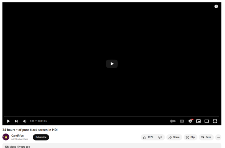 Видео чёрного экрана без звука набрало в YouTube более 40 млн просмотров, длинна ролика ровно сутки